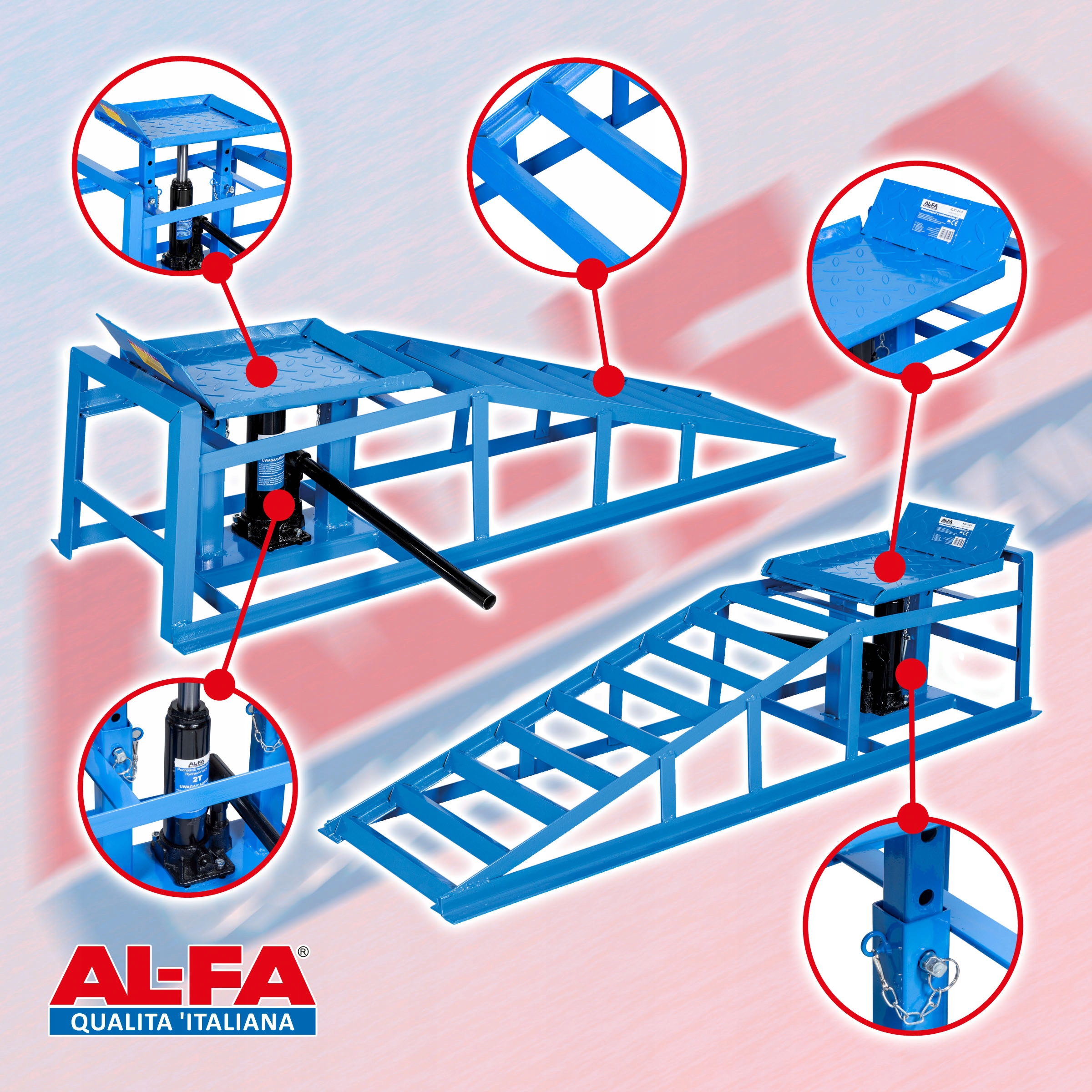 RAMPY NAJAZDY SAMOCHODOWE Z PODNOŚNIKIEM HYDRAULICZNYM PLATFORMY 2SZT MOCNE Marka Al-Fa