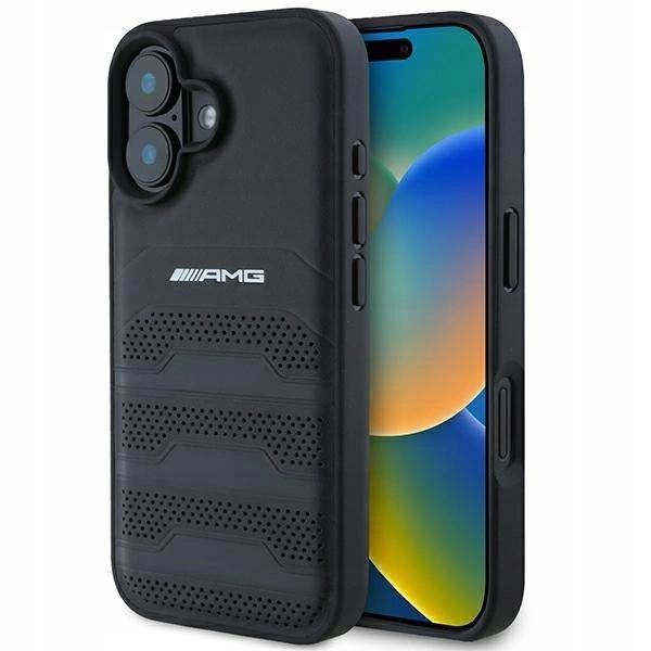Pouzdro Amg Leather Debossed Lines Black Logo pro iPhone 16 Černé