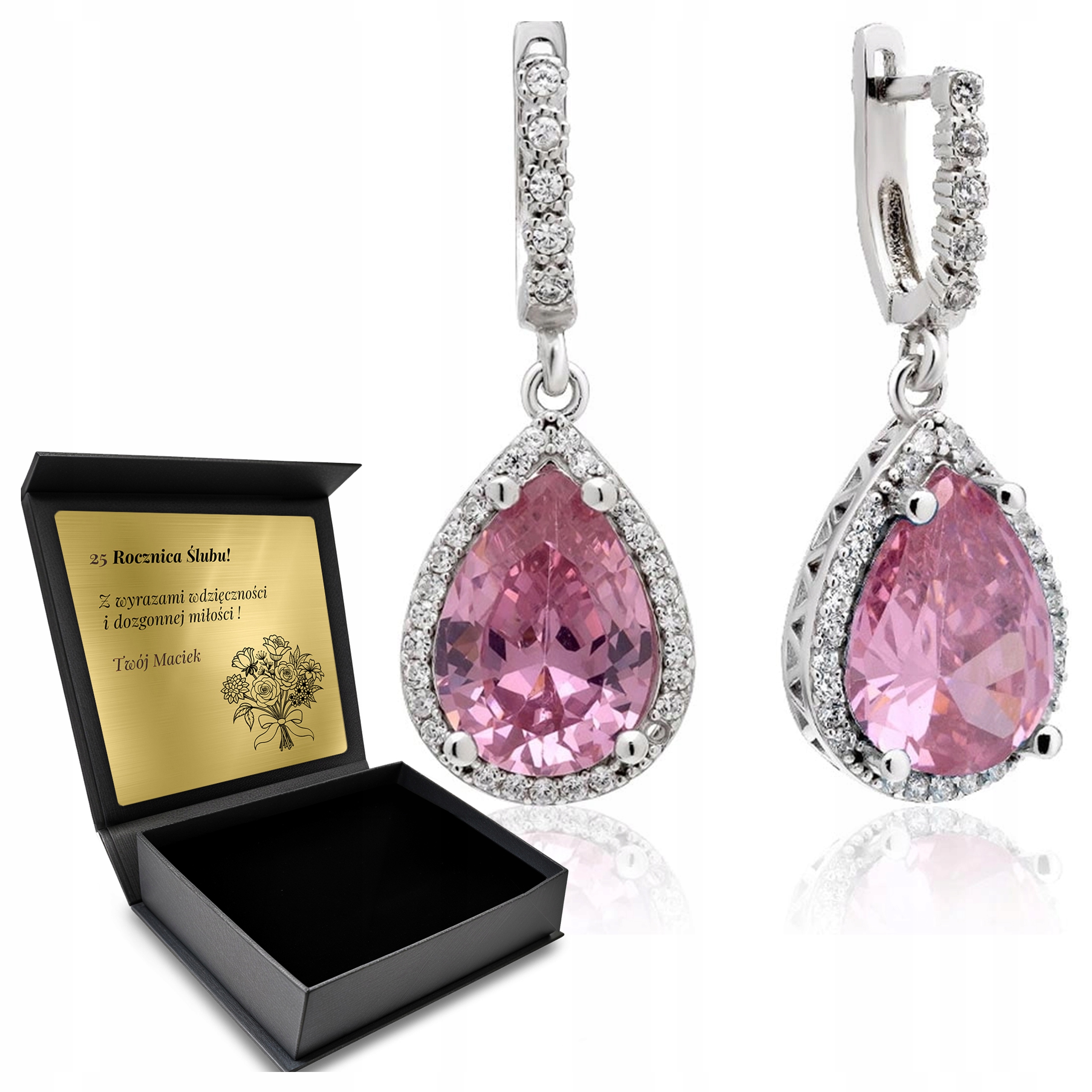 Stříbrné Náušnice 925 Zirkony Topaz Dárek pro ženu Gravírování Bonus