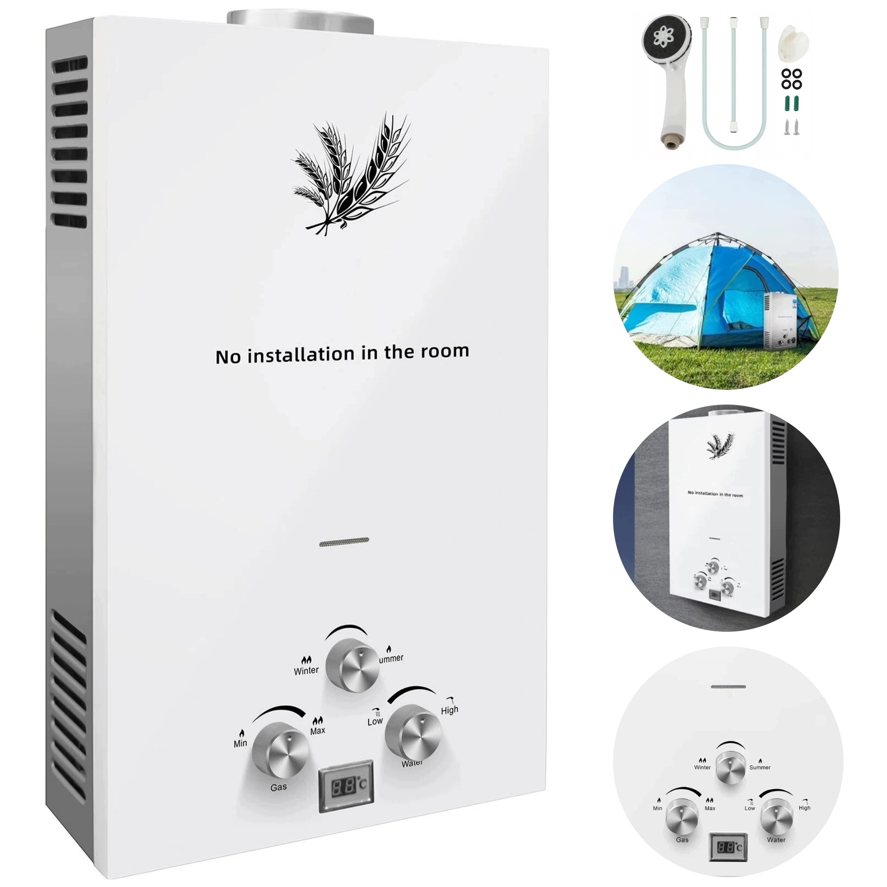 Průtokový ohřívač vody na Lpg 18 l/min, 36 kW se sprchou, pro dům i venkovní použití