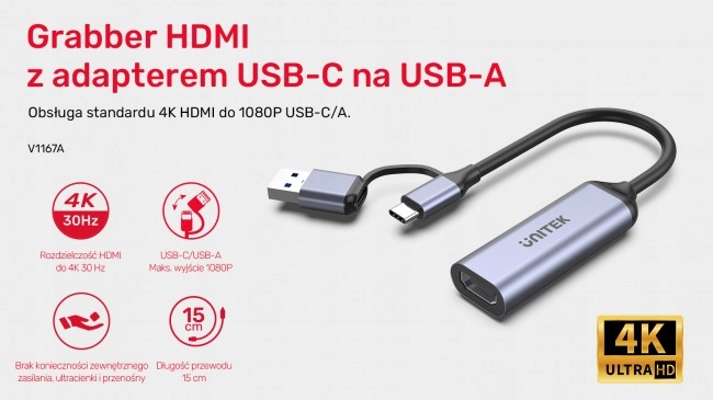Unitek Grabber video USB-C/A, 4K HDMI 1.4b Certyfikat CE