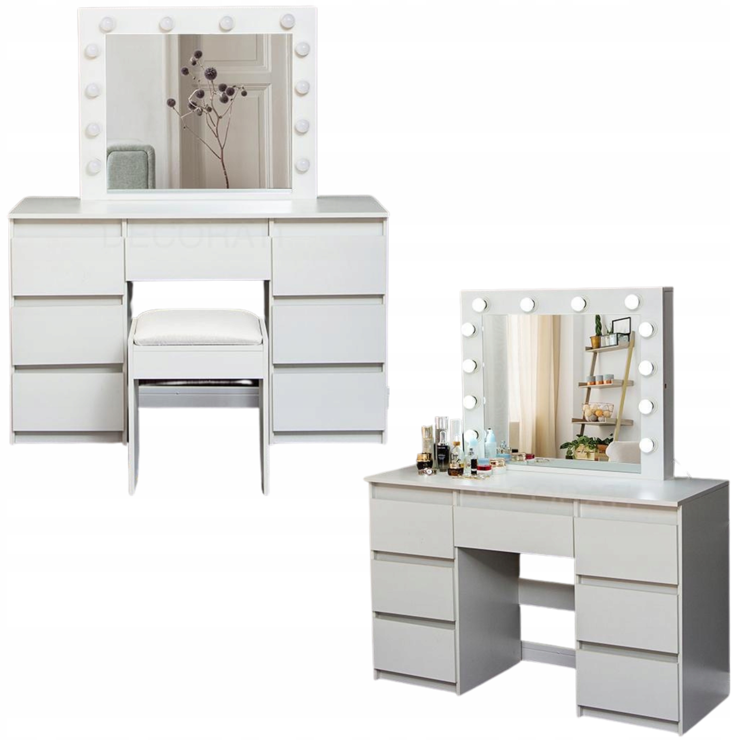 Toaletka Decorati biała matowa z lustrem LED i taboretem