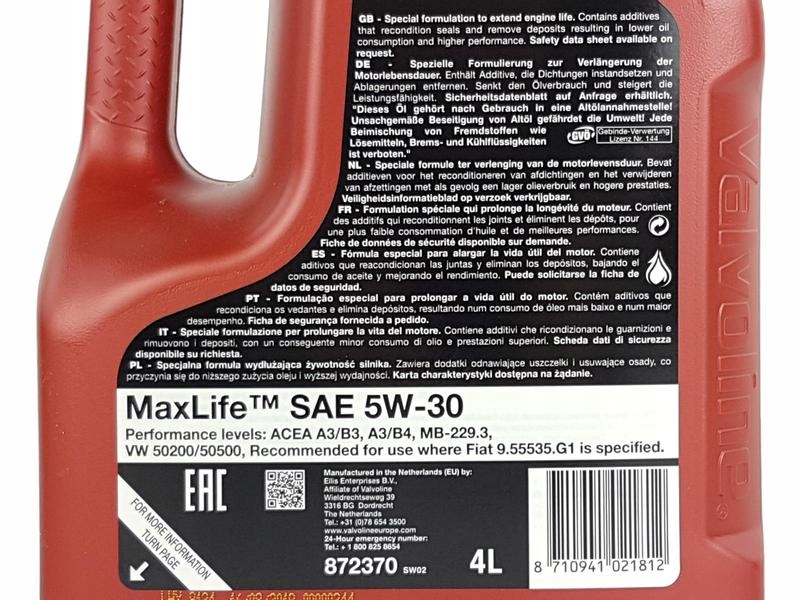 VALVOLINE MAXLIFE 5W30 A3/B3 A3/B4 API SN 10L Klasa lepkości SAE 5W-30