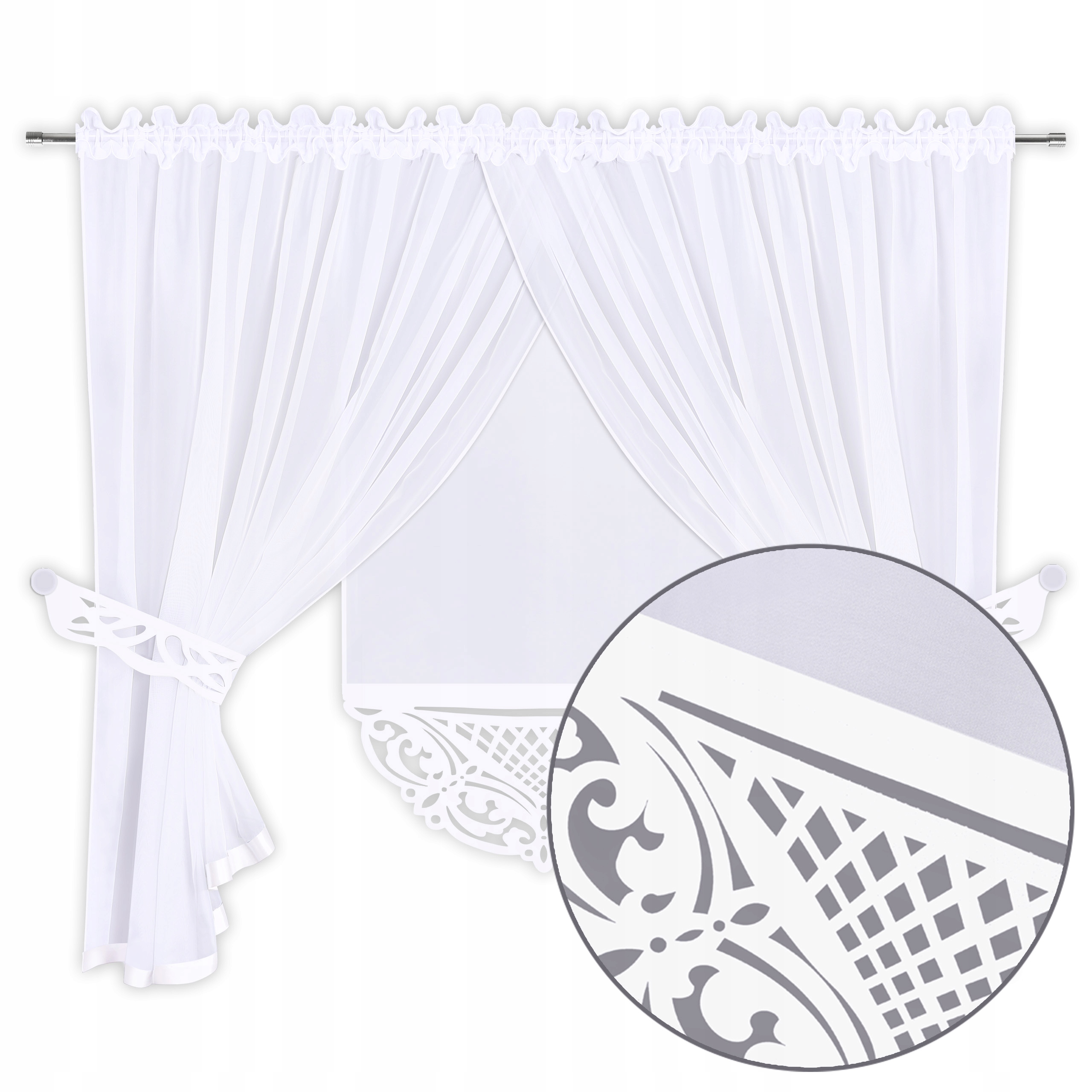 ZESTAW FIRAN WOALOWYCH Z PANELEM AŻUROWYM Materiał woal