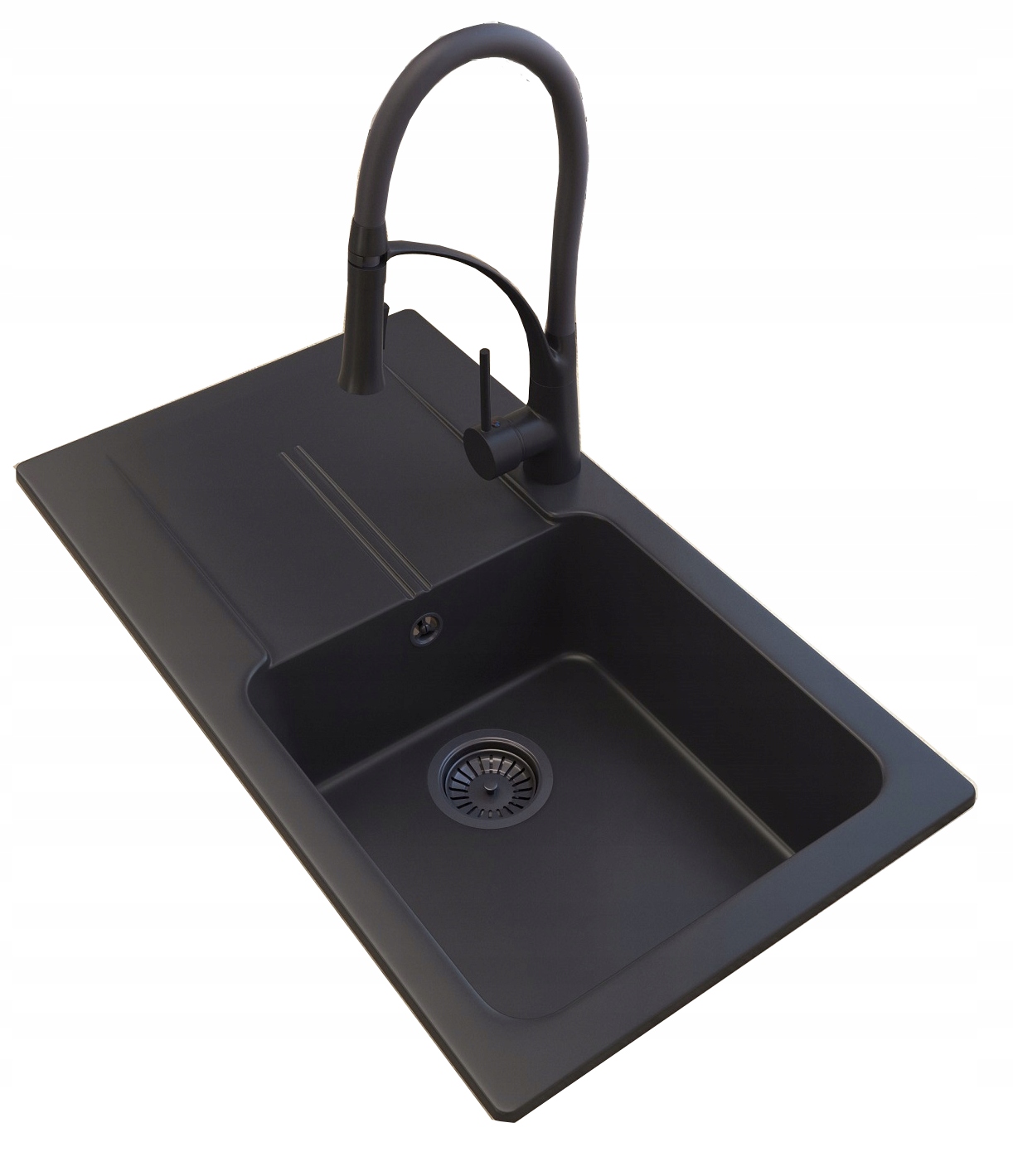 Granitový jednokomorový Drez Tasos čierny s odkvapkávačom a kohútikom sifón