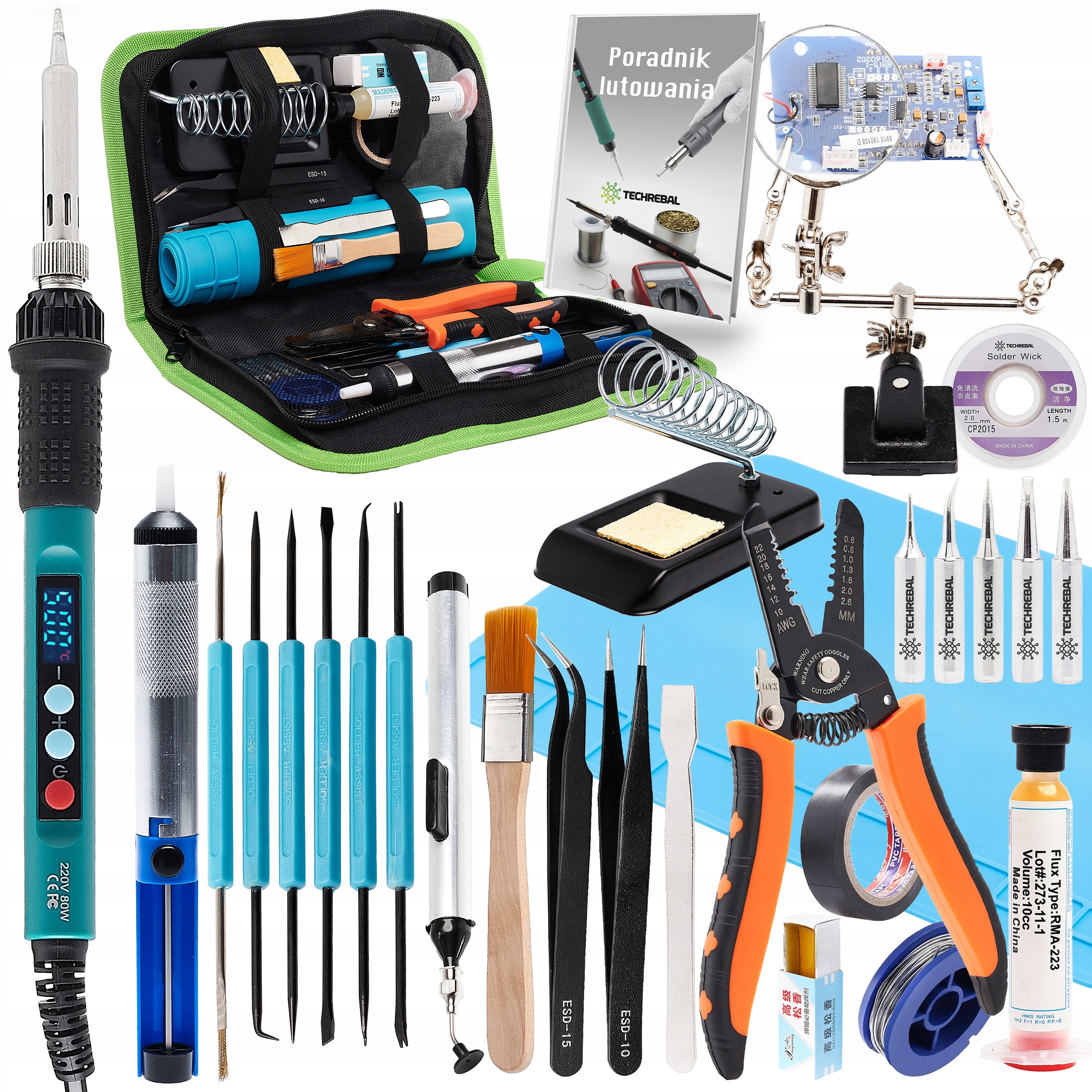 Duży Zestaw Lutowniczy 28w1 Lutownica 80W Mata Trzecia Ręka Cyna Pęseta