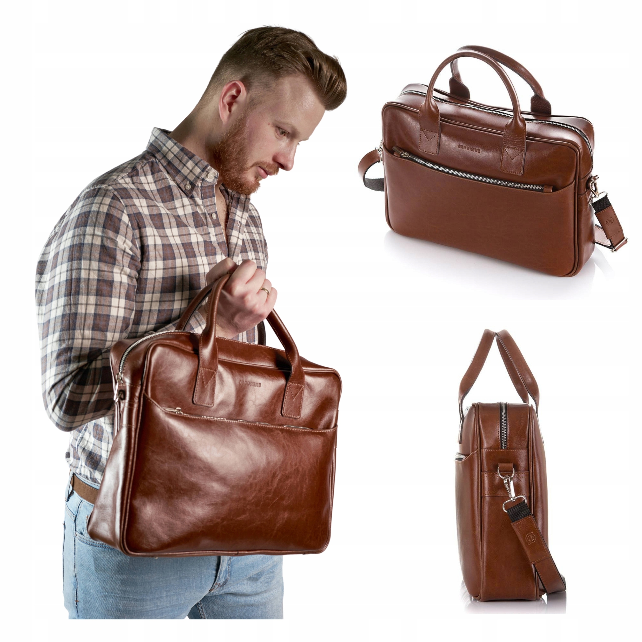 Kožená taška na Notebook přes rameno Brodrene s koňakovým zámkem pro práci A4