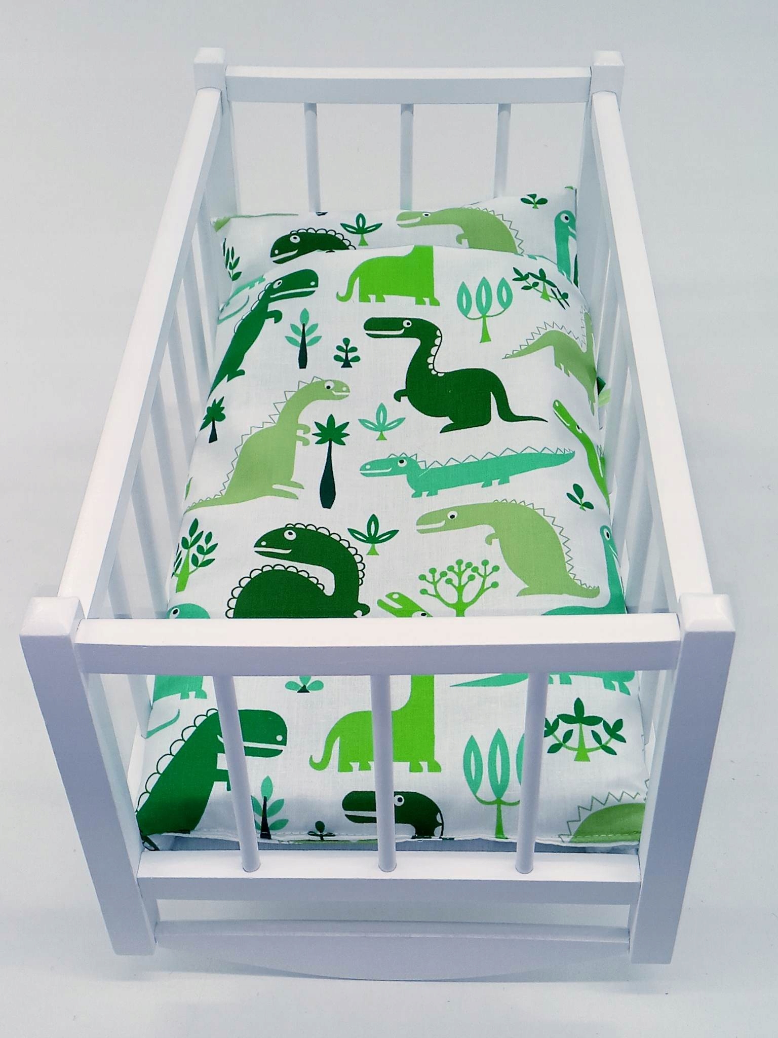 KOŁYSKA DLA LALEK BIAŁA DREWNIANA + POŚCIEL 3el