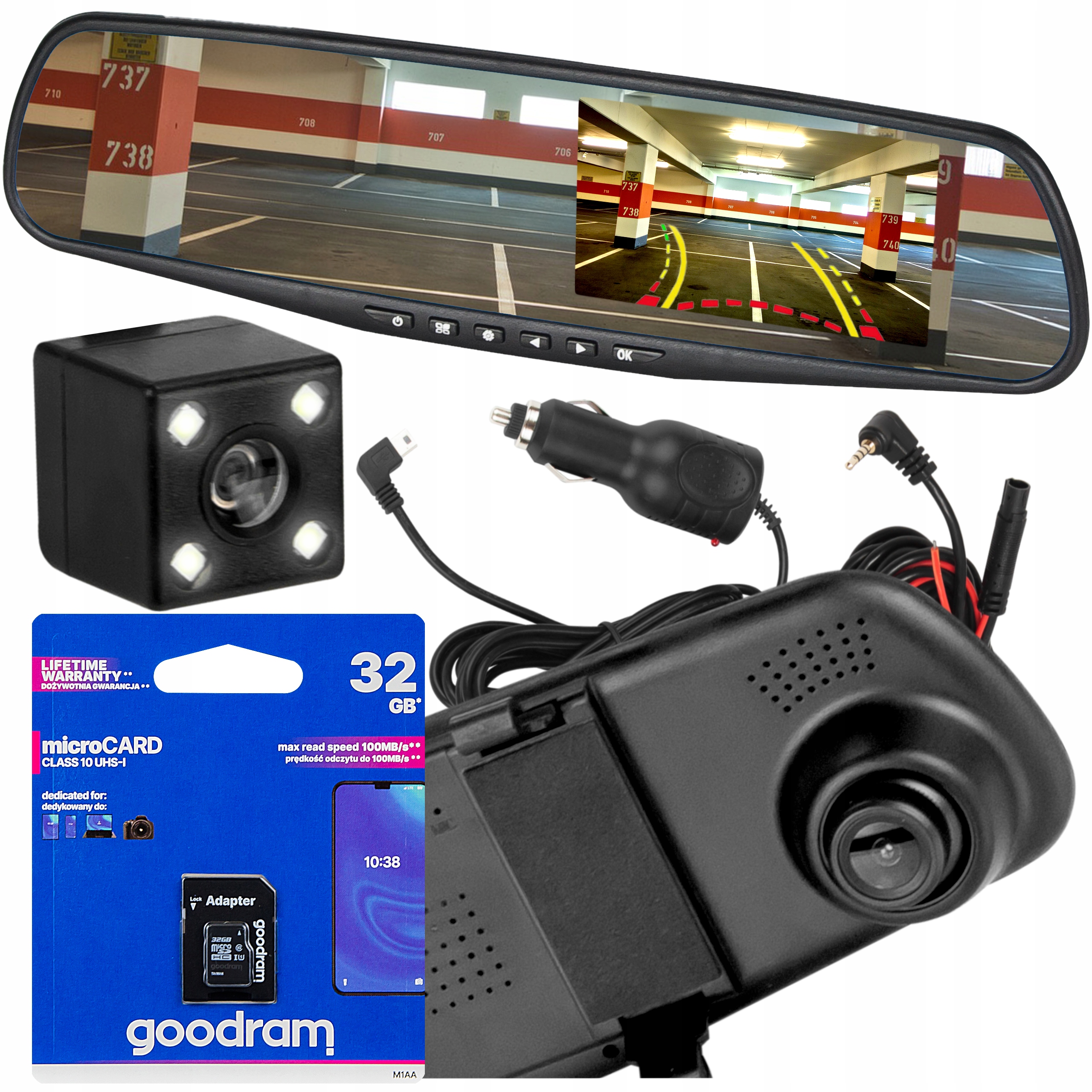 WIDEOREJESTRATOR LUSTERKO KAMERA SAMOCHODOWA COFANIA PRZÓD TYŁ FULL HD 32GB
