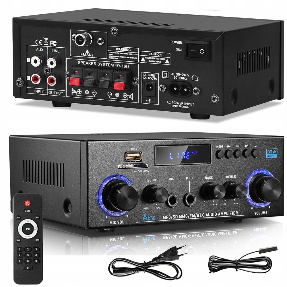 Výkonný Hifi Zesilovač Bluetooth 5.0 Stereo Fm Rádio 800W S Dálkovým Ovládáním AK-50