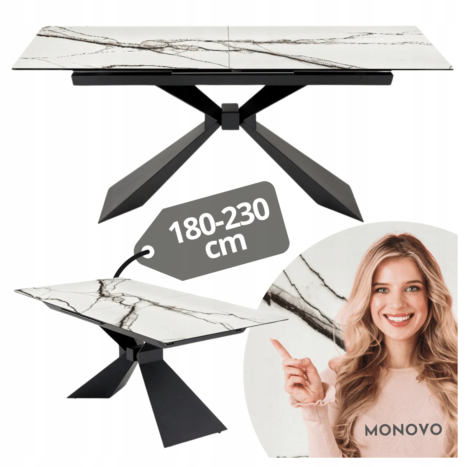 Designerski Duży Stół Rozkładany Loft Biały Marmur Ceramiczny Luciano