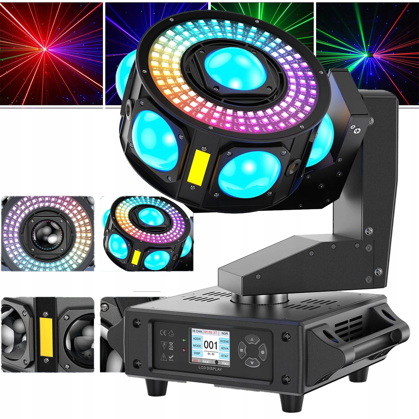 Pohyblivá Led hlava 160W 3-osá Rgbw Beam Laser Stroboskop Magic Ring DMX