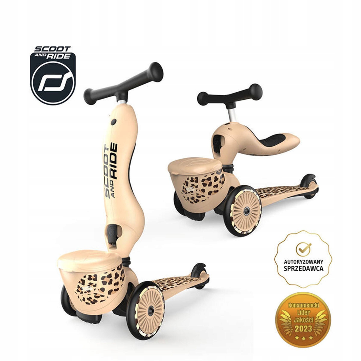 Jeździk i Hulajnoga Scootandride 2W1 z zamykanym schowkiem Leopard lines hi