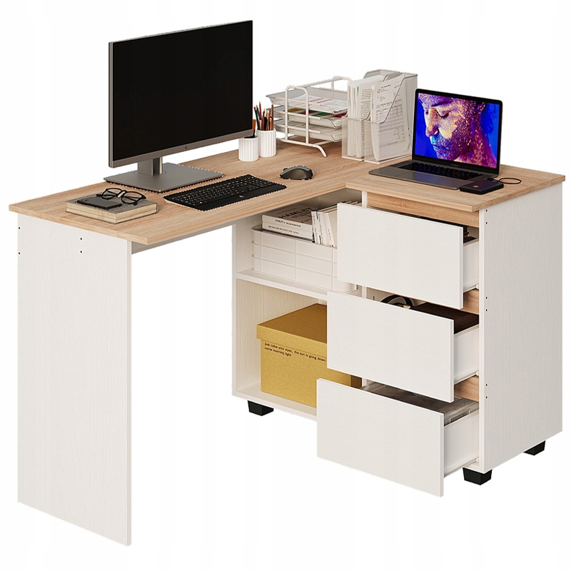 Biurko Narożne Z Regałem Komputerowe Półki 3 Szuflady Loft Nowoczesne 120CM