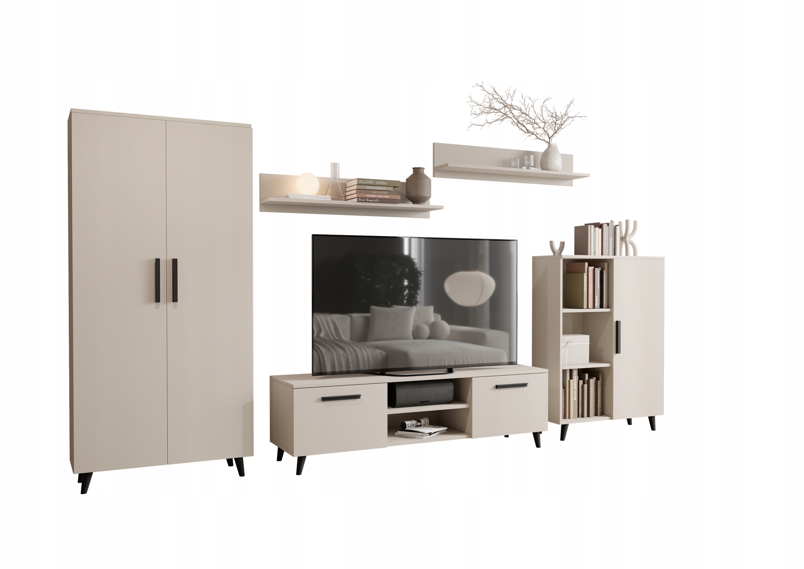 Obývacia Stena kašmír čierny, sada nábytku do obývačky Nord škandinávskeho štýlu