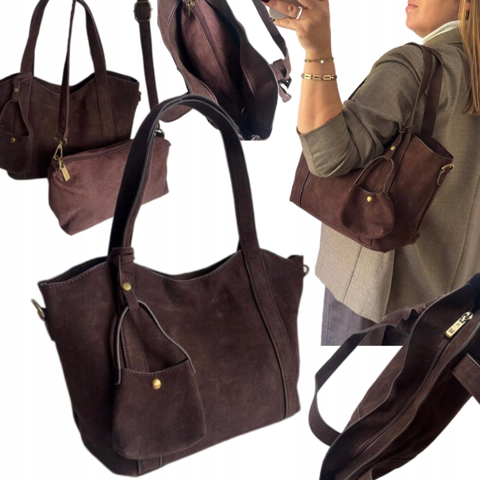 Dámská Kabelka Mandoline Kůže Eco Semiš Hnědá Čokoládová Shopper Viral