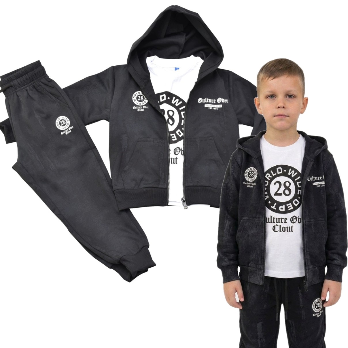 Dres Chłopięcy 3 Częściowy Komplet Bluza Spodnie T-shirt Czarny 140/146