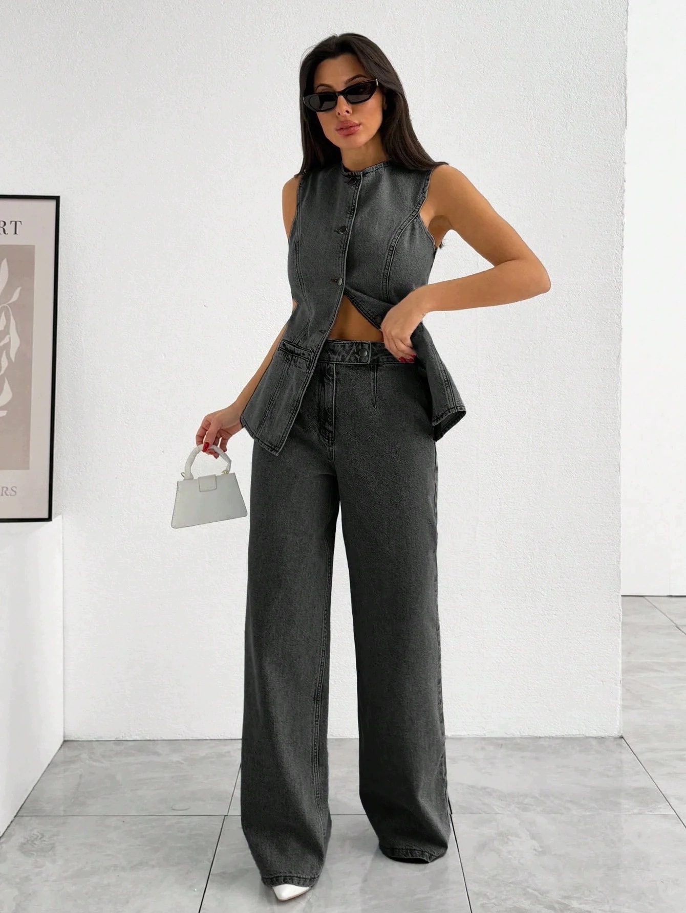 Dámský Džínový Komplet, Světle Šedá Vesta S Kalhotami Wide Leg S 36
