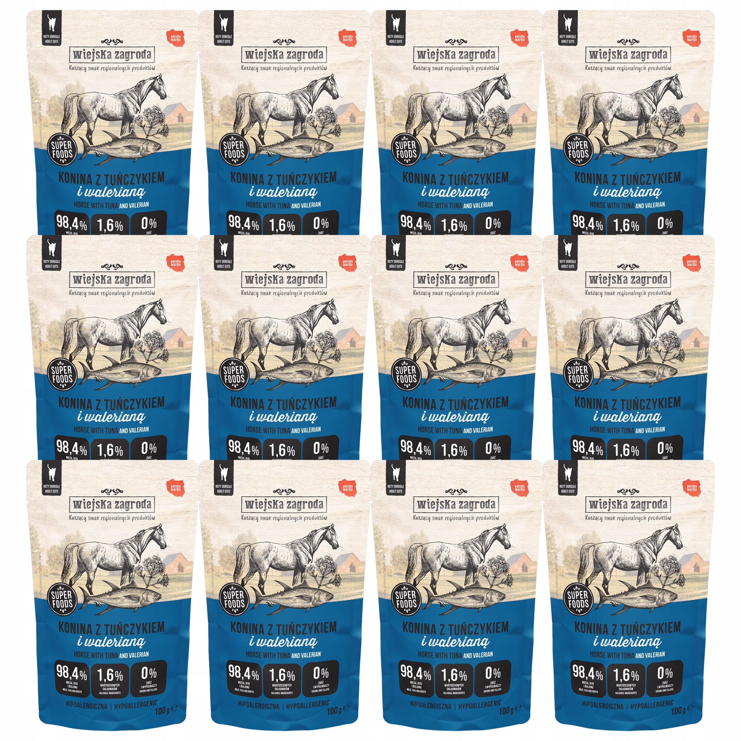 Levně Wiejska Zagroda krmivo pro kočky Konina Tuňák s valeriánem 12 x 100 g