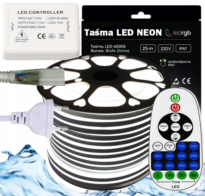 Set Led pásek Neon 230V 25m 6000K Bílý Studený Napájecí Zdroj Ovladač Dálkový Ovladač