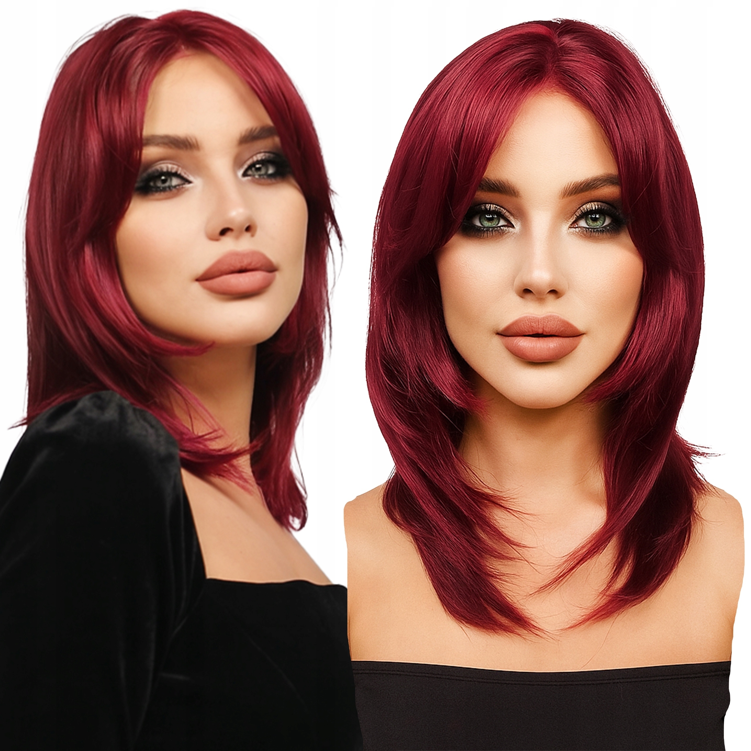 Peruka Syntetyczna Włosy Cieniowane z Grzywką Na Boki Bordowy 50cm #LS-44A