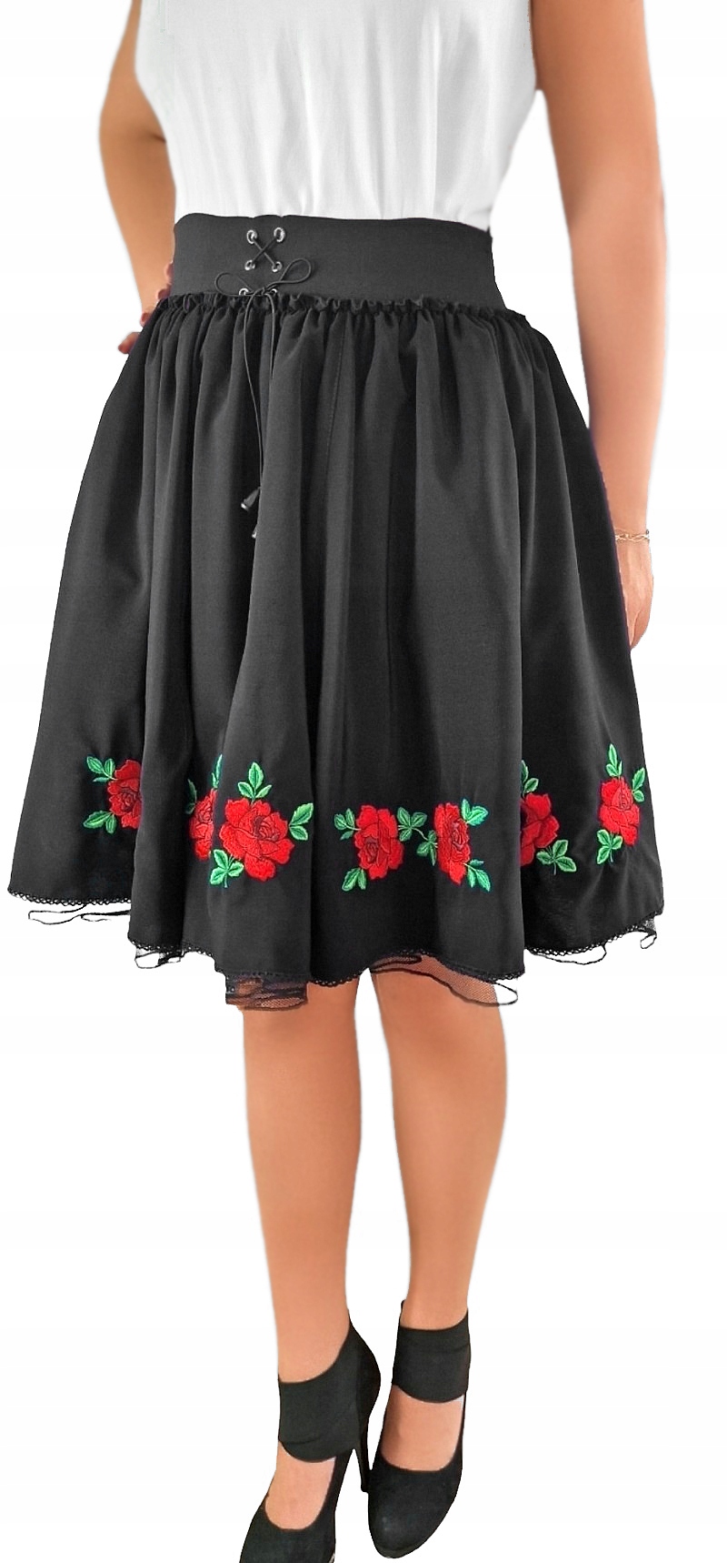 Černá horalská Sukně s vyšívanými květy Lidové růže Tyl *FolkStyle* Xs*