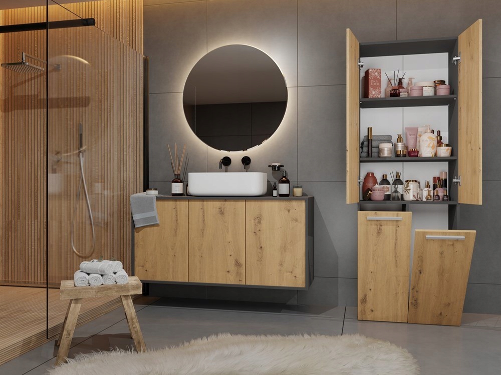 SZAFKA ŁAZIENKOWA STOJĄCA REGAŁ SŁUPEK PÓŁKI NEL DD ANTRACYT/ ARTISAN +KOSZ Szerokość mebla 60 cm