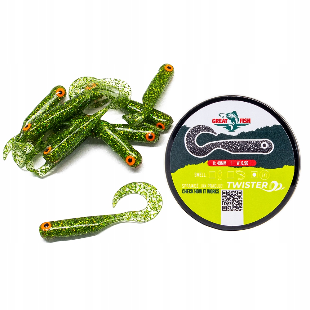Great Fish GF1 Twister Soft Bait No Scent Glitter Green 10szt. 49mm
