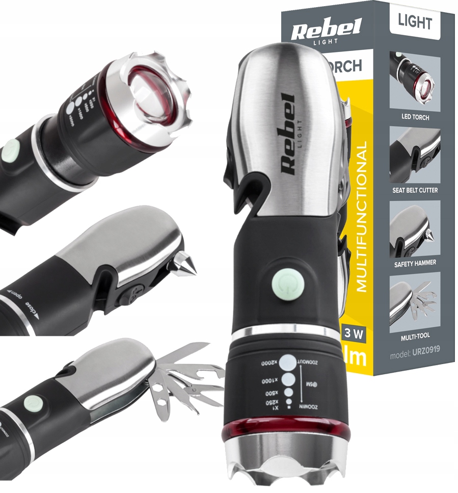 LATARKA SAMOCHODOWA LED NÓŻ DO PASÓW MŁOTEK SZYB