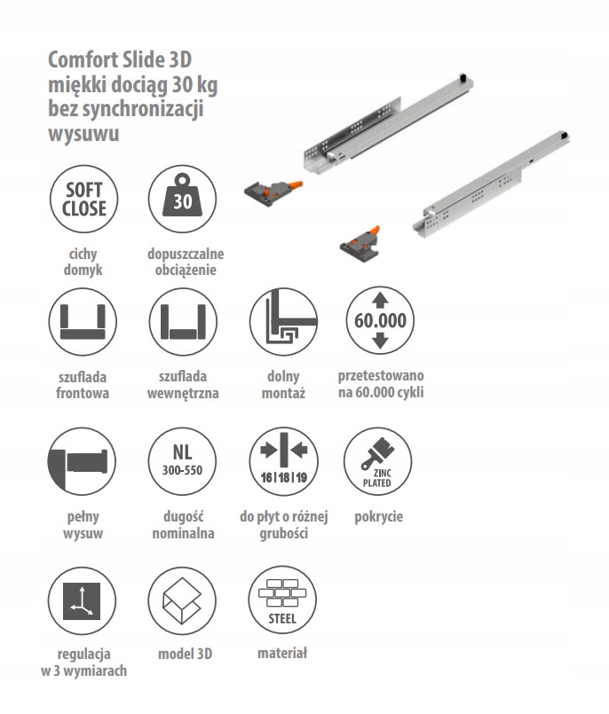 Prowadnice COMFORT SLIDE REJS 30kg L-350 PW domyk Marka Rejs