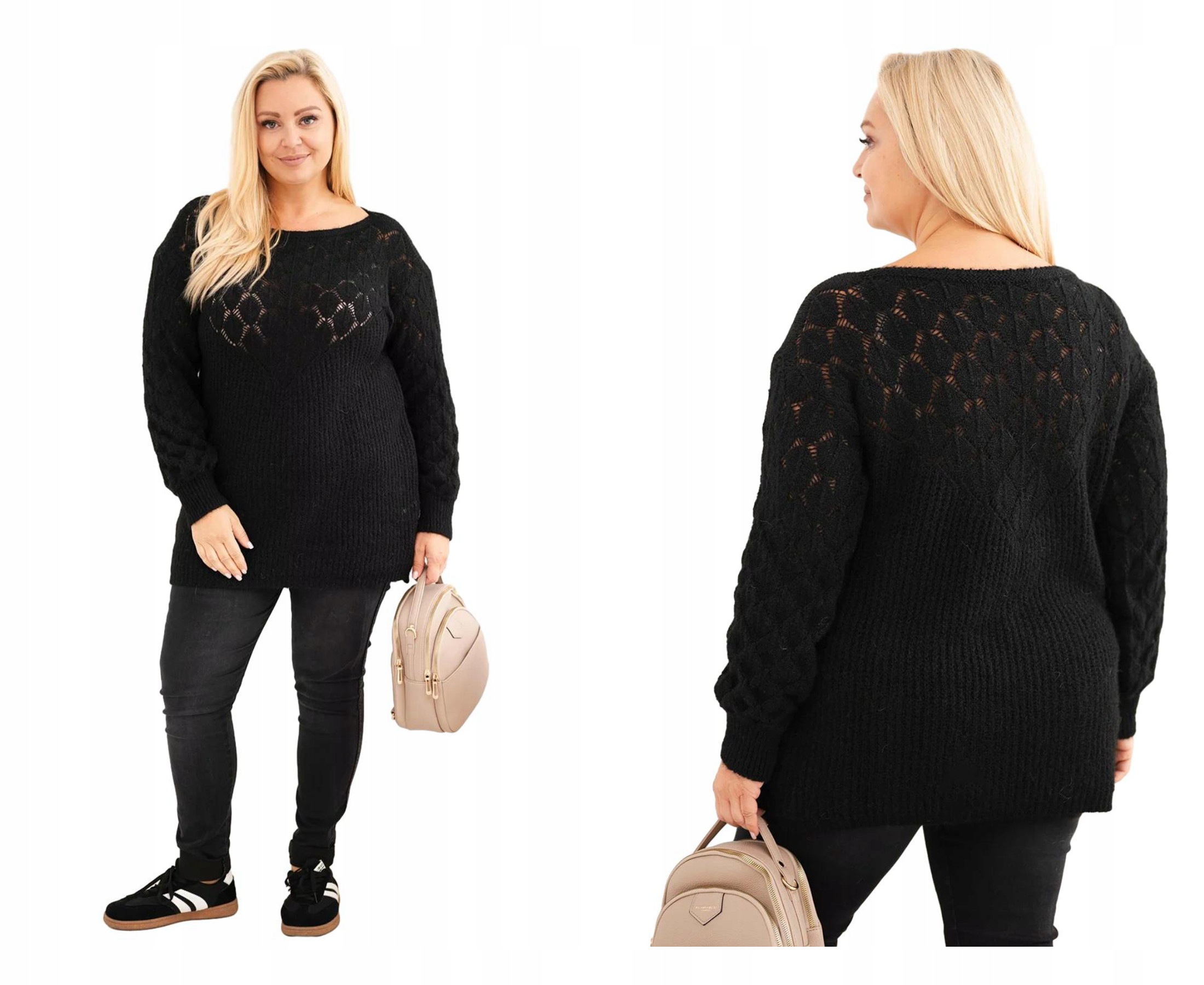 Dámský svetr plus size, dlouhý, ažurový, s příměsí vlny, italský, černý