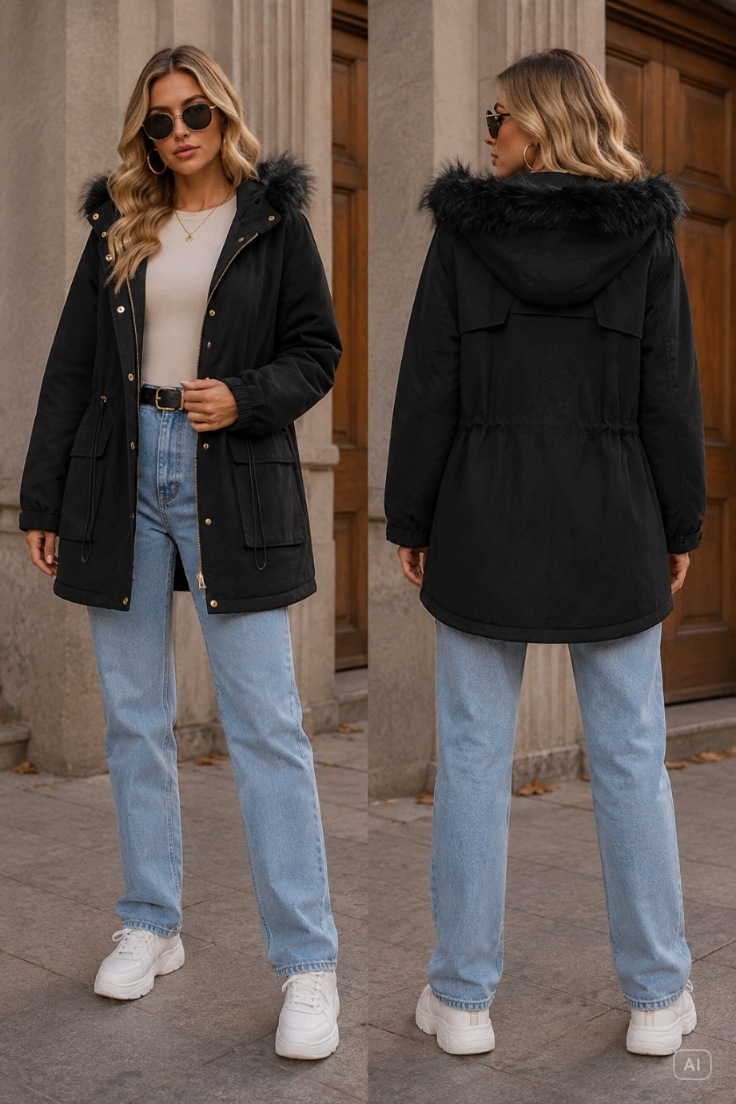 Dámská Zateplená Bunda Parka S Kapucí Kožíšek Černá Plus Size 50