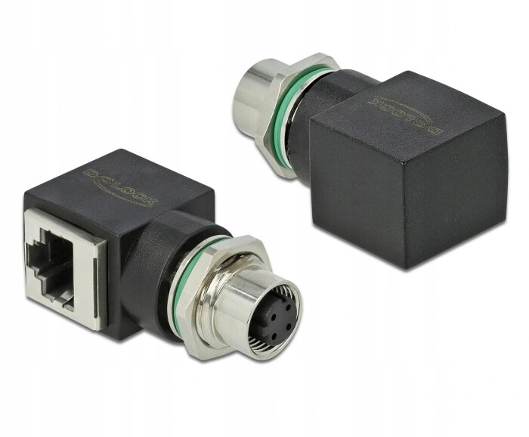 Adapter sieciowy M12 4pin D-coded żeński RJ-45 żeński kątowy Delock 66312