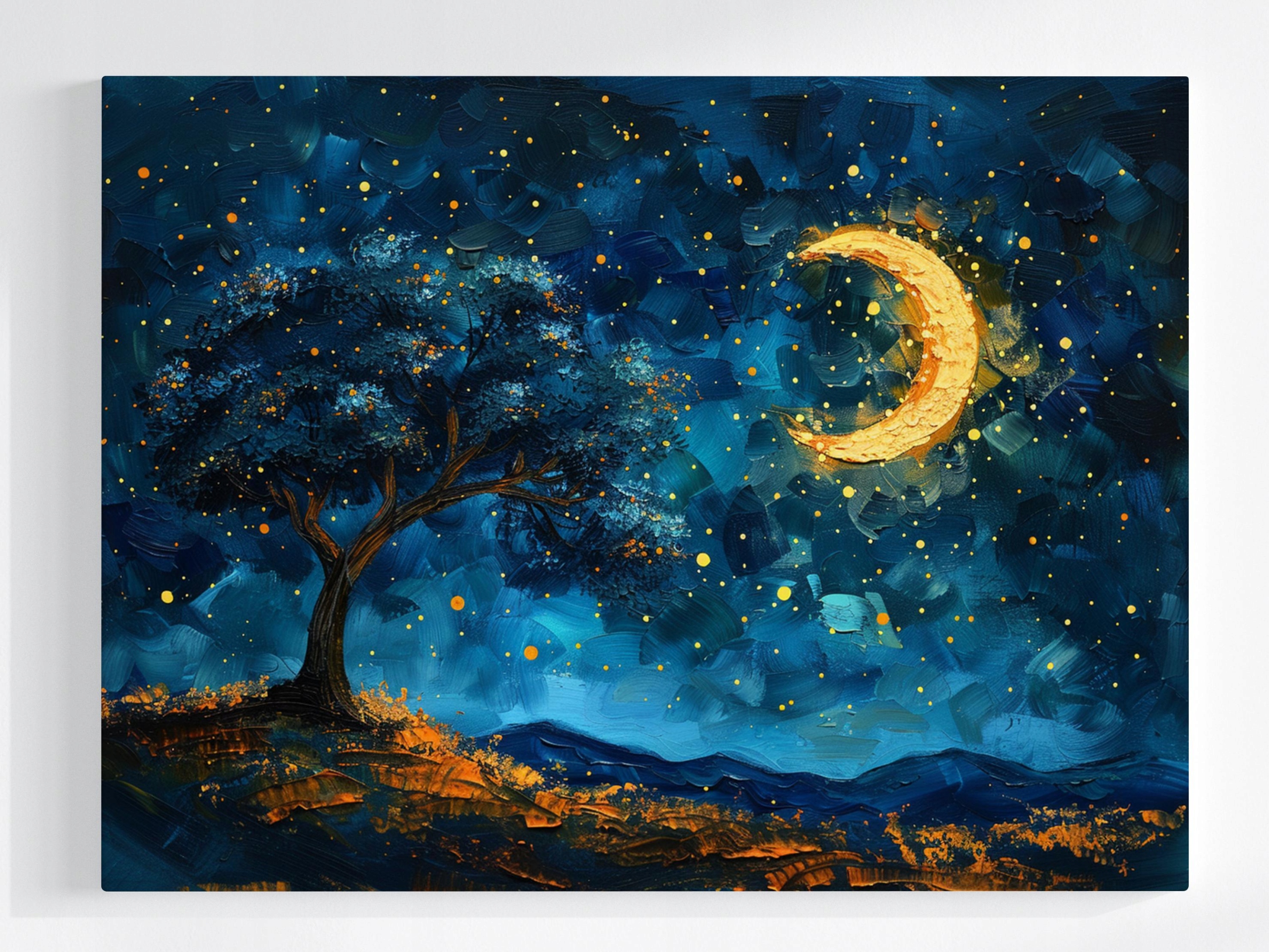 Obraz Na Plátně Canvas Krajina Noc Obloha Hvězdy Měsíc Nový Strom 100x75
