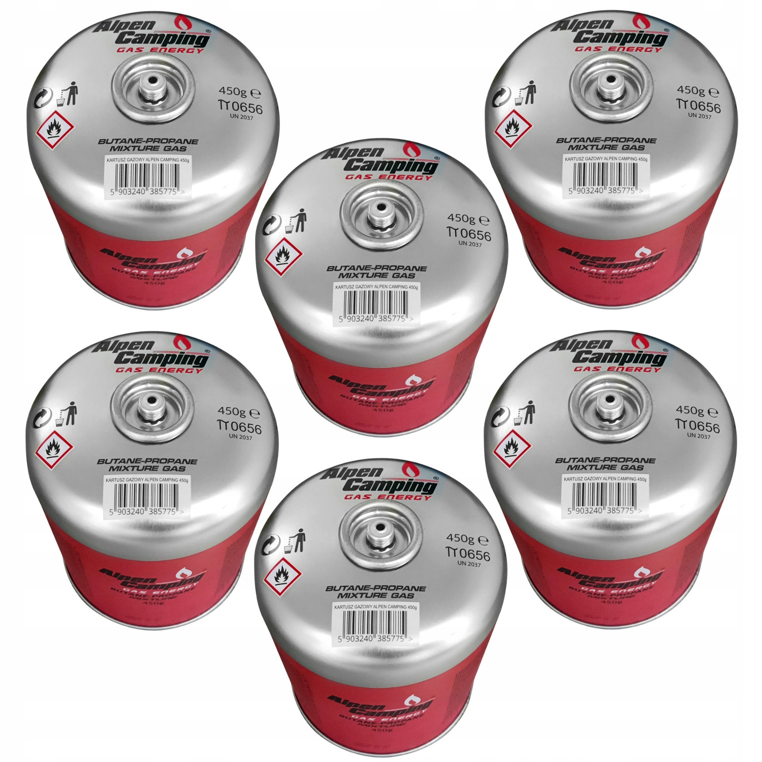6 x plynová kartuše se závitem 450 g Alpen Camping o Turistickém Vařiči