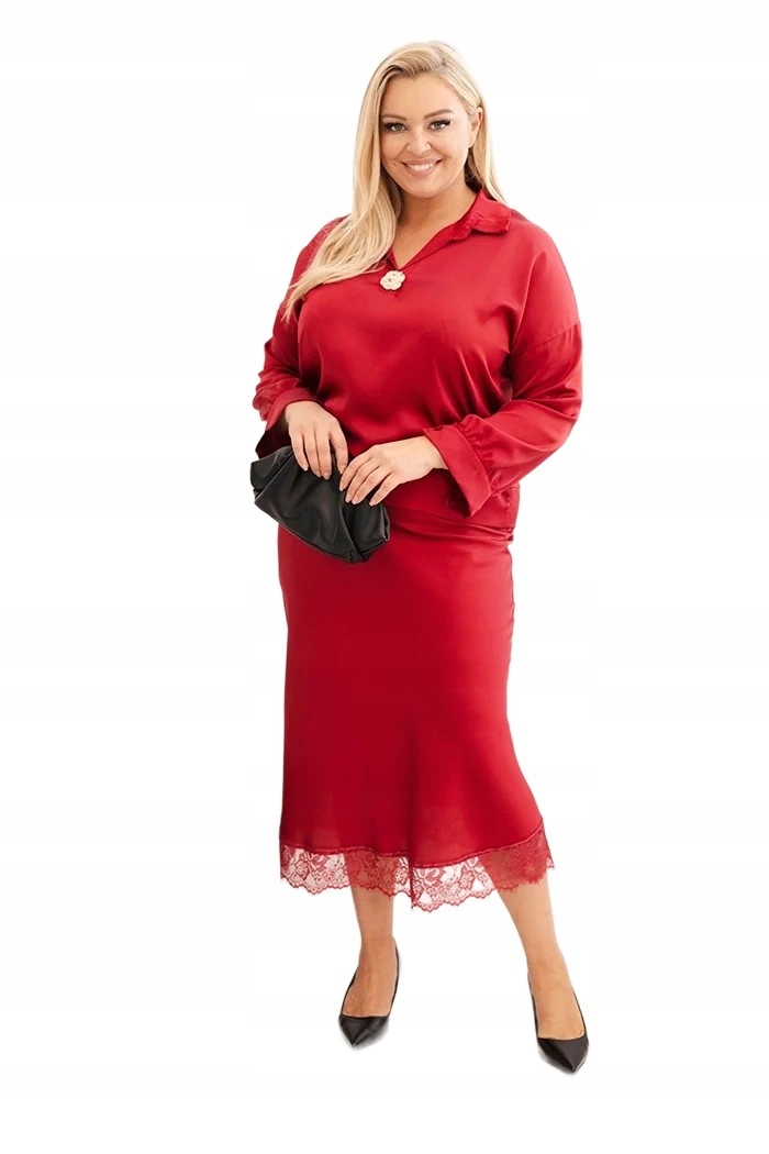 Dámský komplet Plus Size se saténovým leskem a krajkou, barva vínová