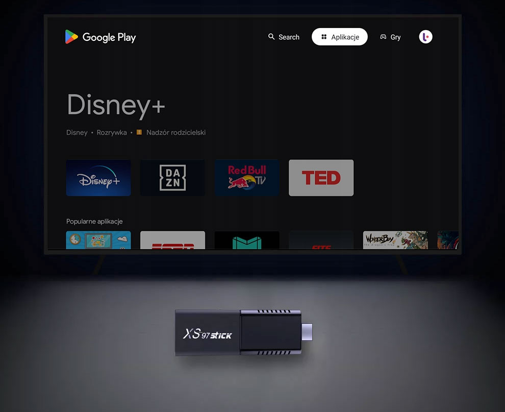 ODTWARZACZ MULTIMEDIALNY PRZYSTAWKA SMART STICK ANDROID TV 4K MENU PL WIFI Cechy dodatkowe obsługa napisów polski tekst