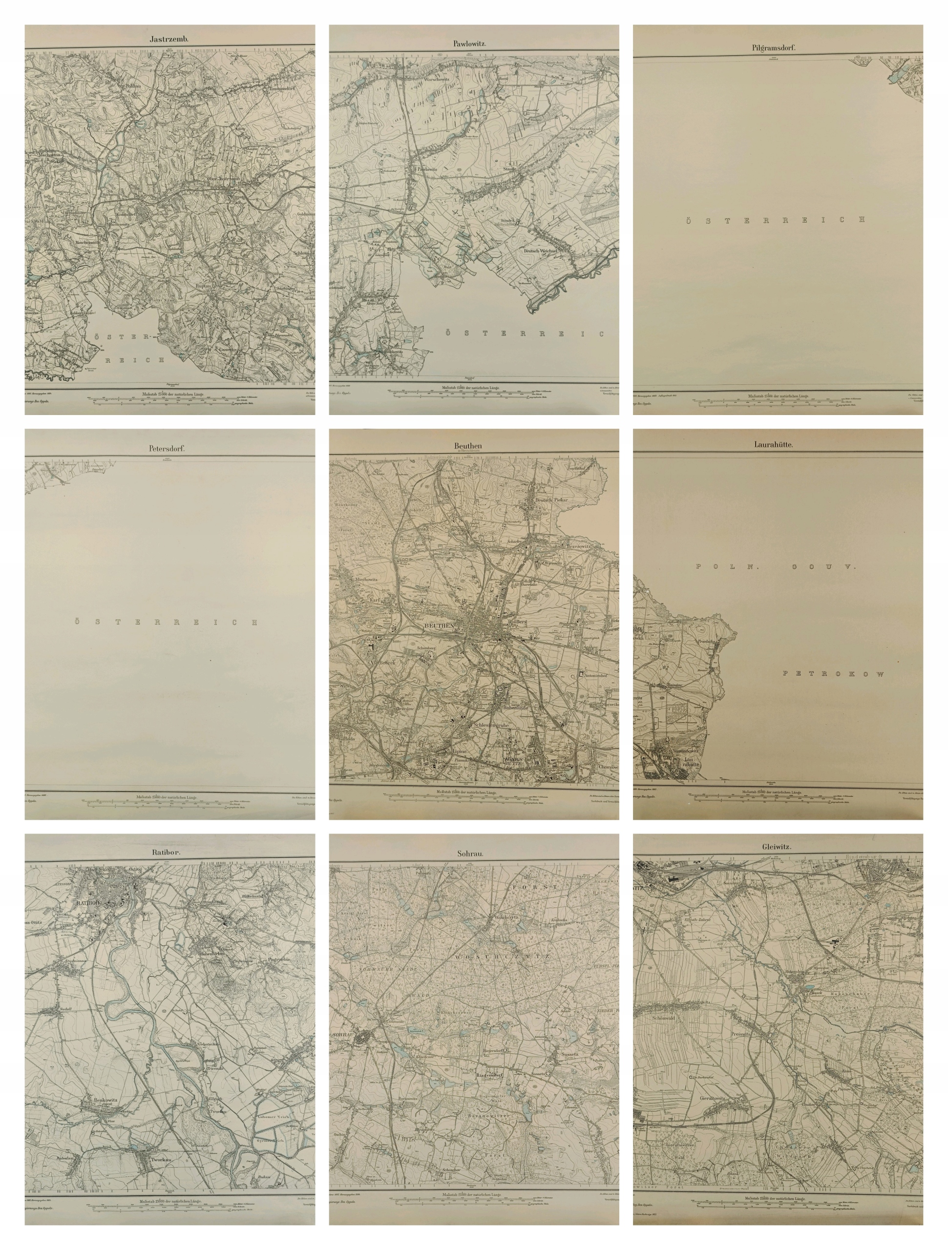 Zestaw 11 map pruskich z 1882 roku obejmujących Śląsk i różne jego powiaty