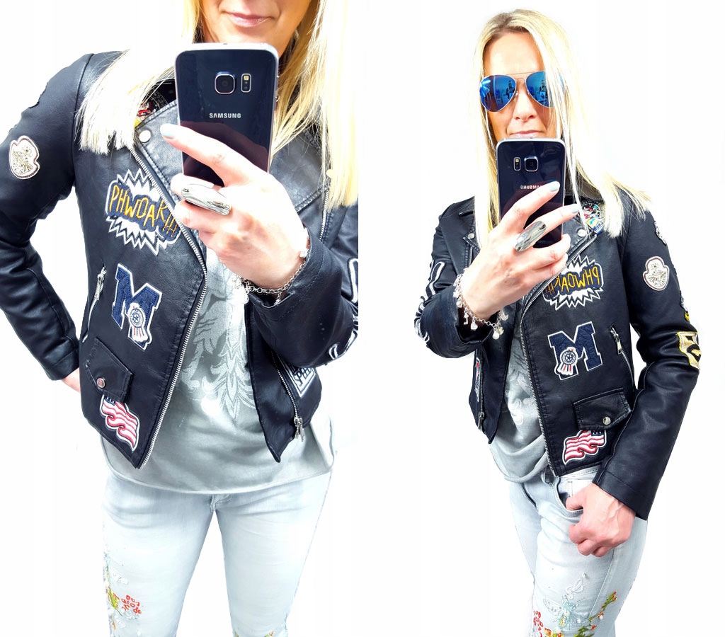 

Kurtka Skóra Ramoneska Moto Biker Haft Naszywki S
