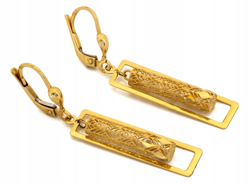 Náušnice Ze Zlata 585 módní závěsné obdélníkové pohyblivé ažurové trubičky