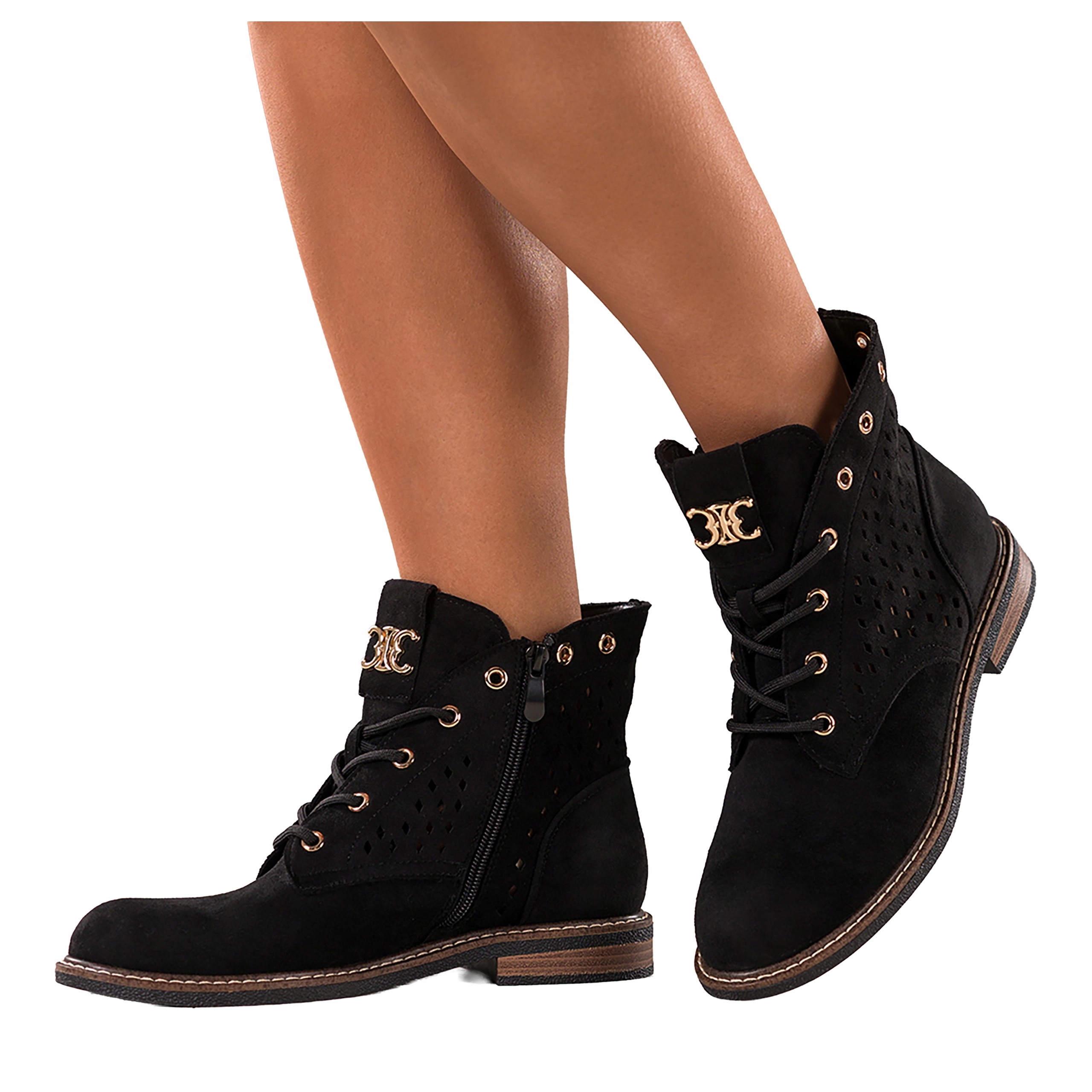 Kotníkové Boty Černé Dámské Ažurové Ploché Zlaté Šněrovací Ozdoba Semišové r 41