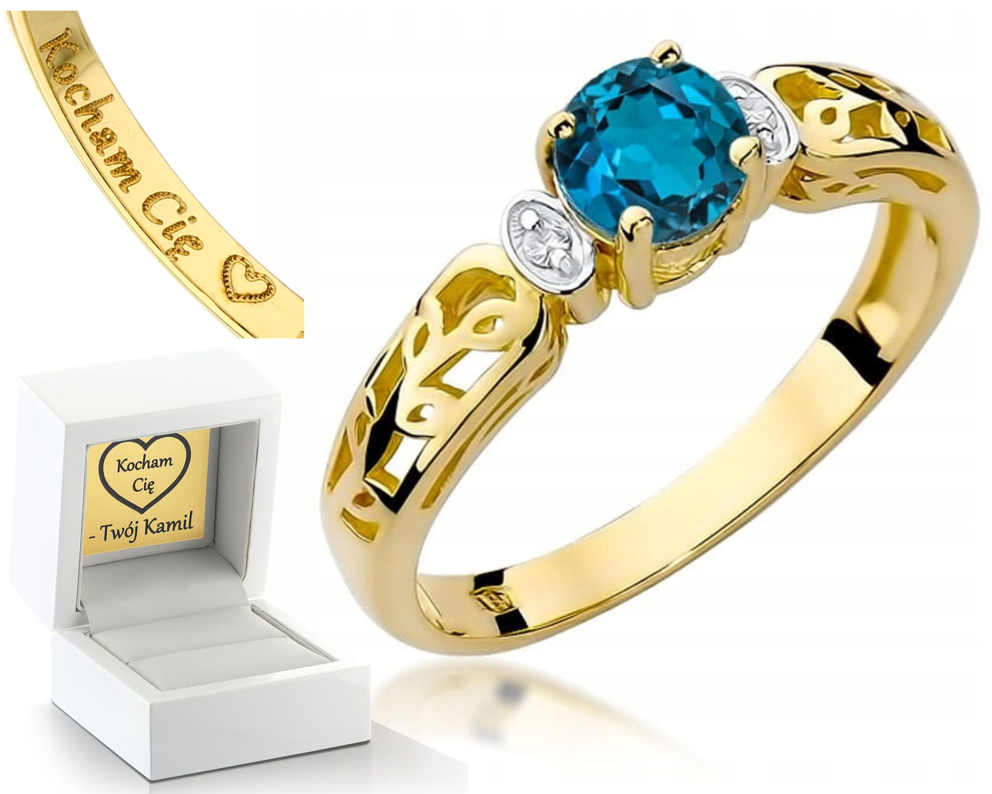 Prstýnek Topaz London Blue Brilianty 585 Gravírování