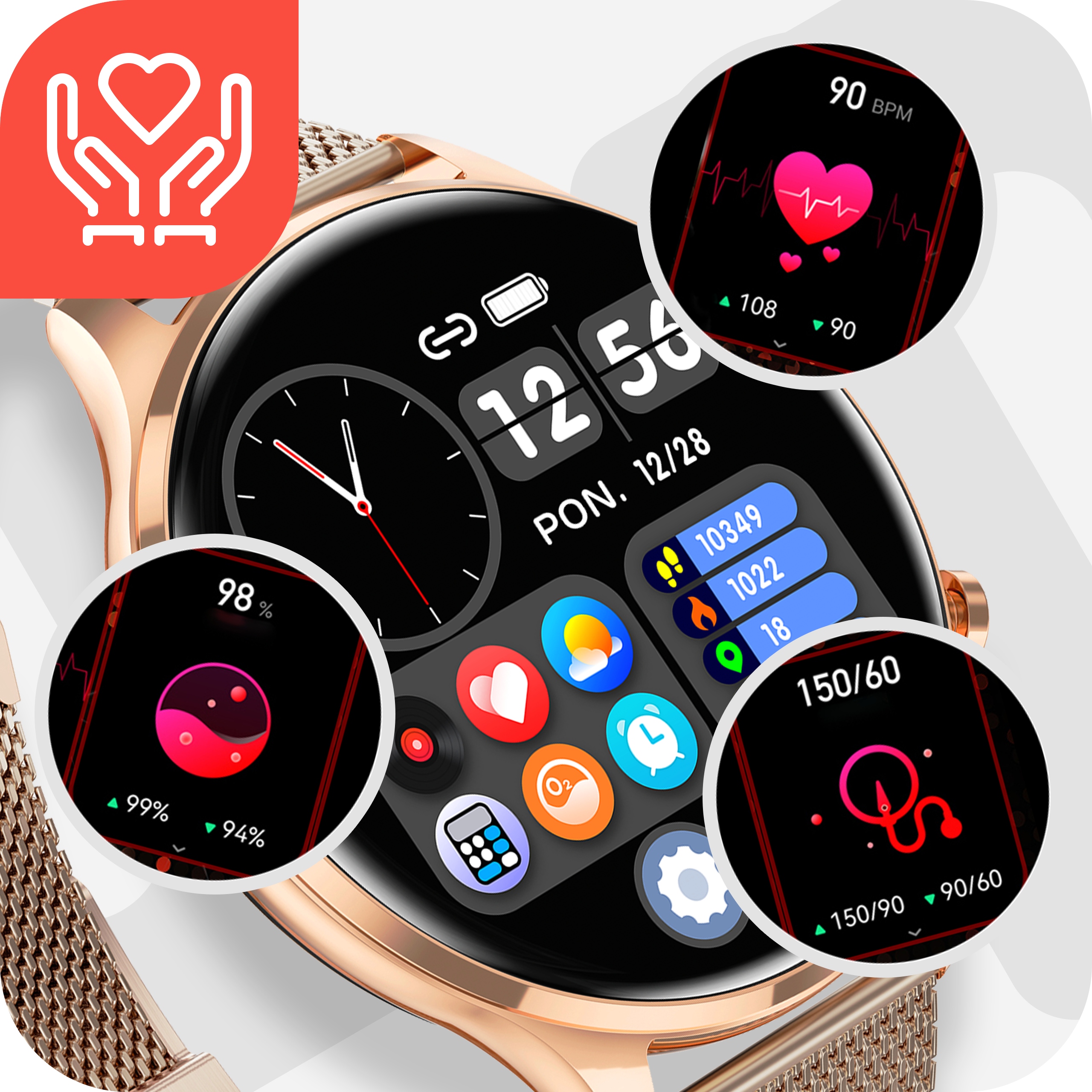 SMARTWATCH ZEGAREK DAMSKI ZŁOTY ROZMOWY CIŚNIENIE PULS SMS Z POLSKIM MENU Model AKTIVE 50
