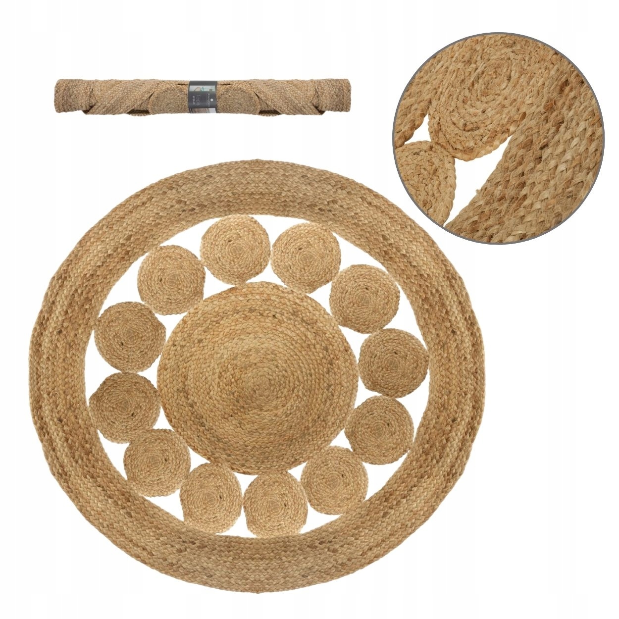 Koberec jutový Boho kulatý pletený z juty přírodní Etno vzor 120 cm módní