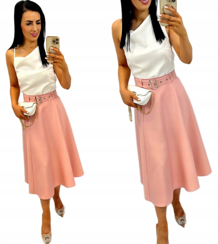 Elegantní MIDI Sukně S Páskem A Přezkou Růžová S