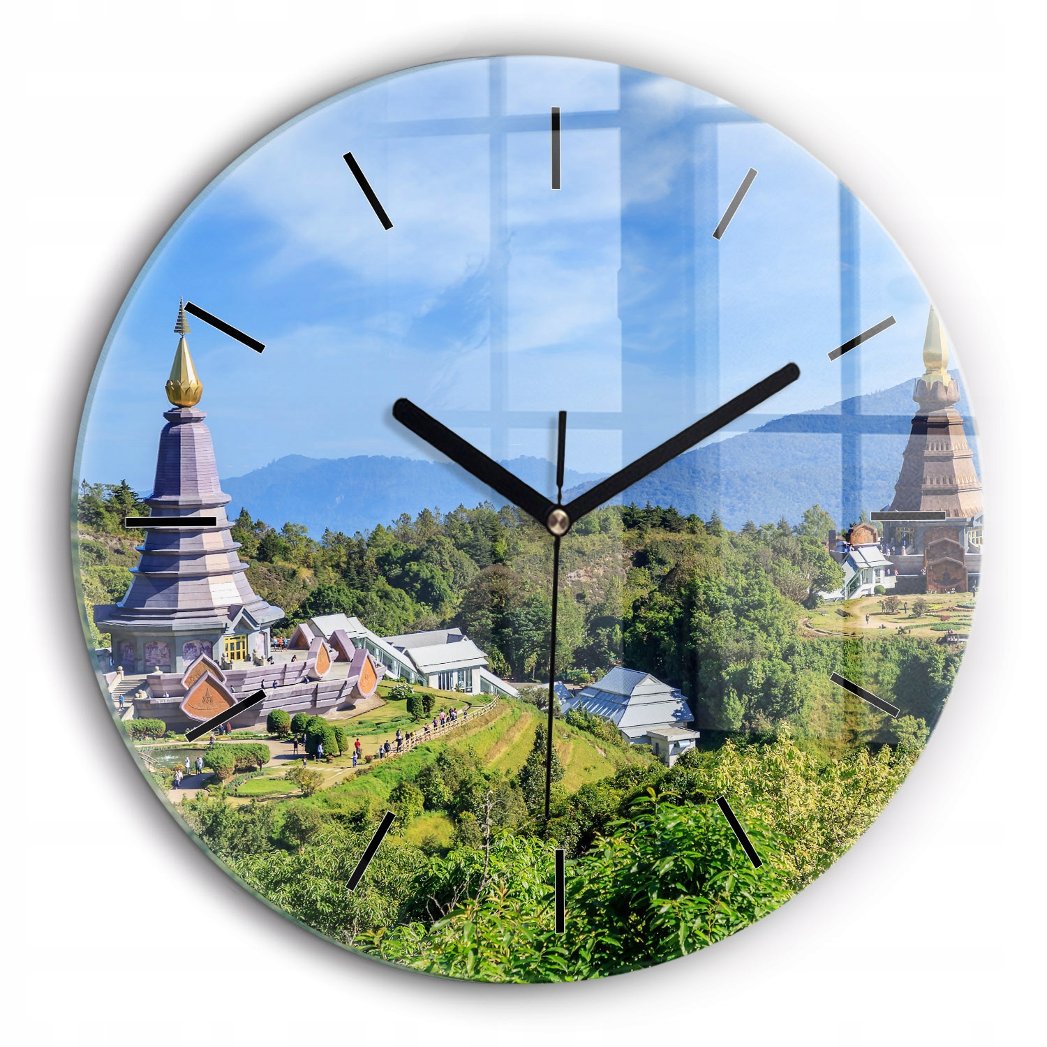 Tichý skleněný nástěnný hodinový stroj Národní park Chiang Mai kulatý, průměr 60 cm