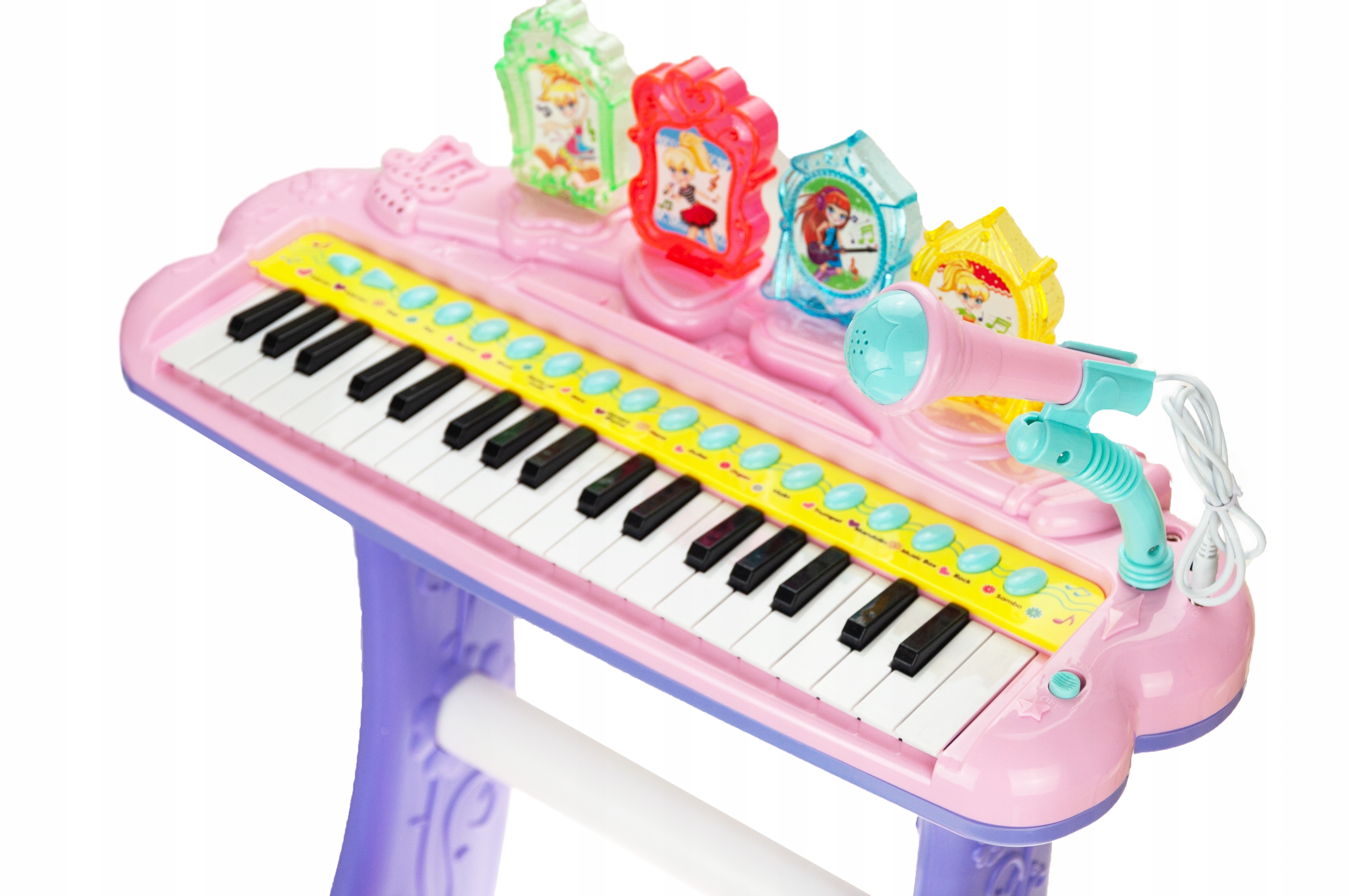 PIANINKO KEYBOARD DLA DZIECI Z TABORETEM i MIKROFONEM MUZYKA ŚWIECI PIOSENK Wiek dziecka 3 lata +