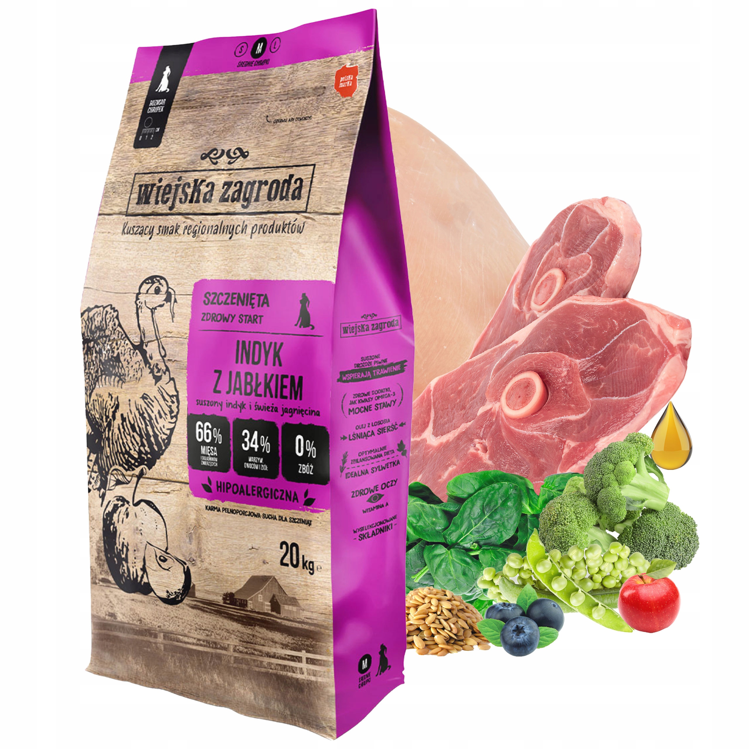 Levně Wiejska Zagroda Krmivo pro štěňata Krůta s jablkem Křupky M 20 kg