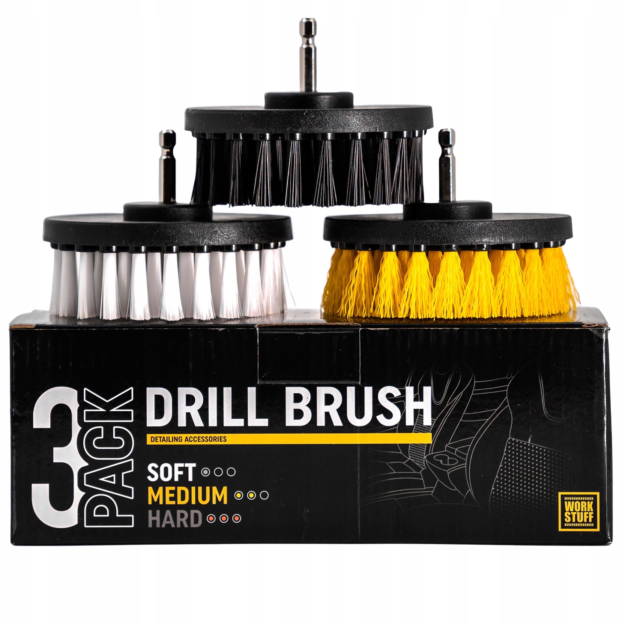 Work Stuff Drill Brush 3-PACK Zestaw szczotek do tekstyliów na wiertarkę