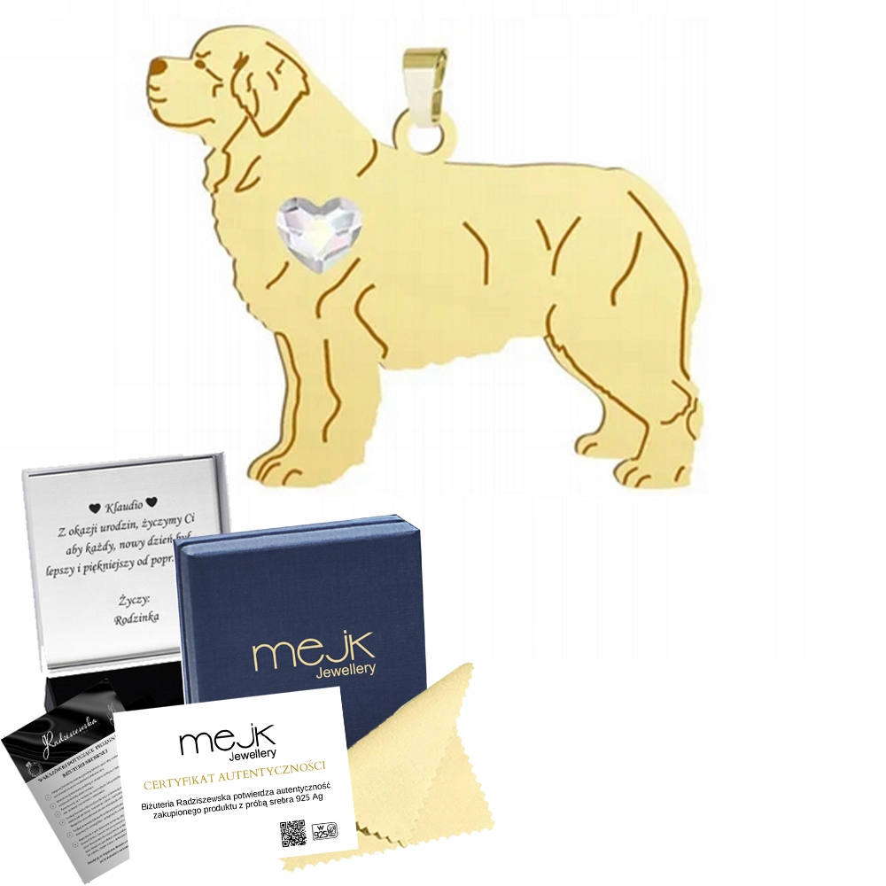 Zlatý přívěsek s novofundlandským psem Ag925 Šperk jako Dárek pro ženu s Gravírování